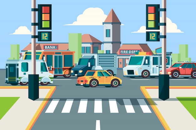 Vector city road traffic. urban landscape intersection with city cars in street crosswalk with lights   background