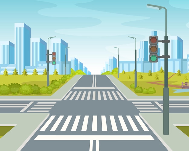 Vector city road with crossroads on the background highrise city skyscrapers city apartment buildings house residential with street traffic road crossing crosswalks cartoon vector illustration