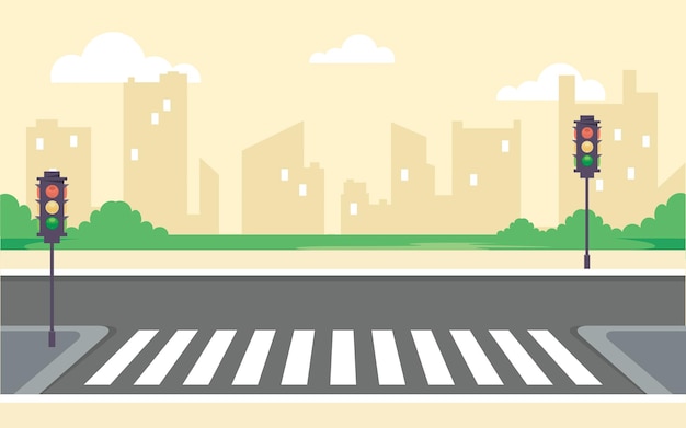 Vector city roads with traffic lights front view illustration.