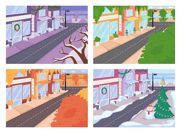Vector city street with different seasons flat color vector illustrations set. urban area with autumn, spring features. winter, summer 2d cartoon cityscapes collection with stores bunch on background