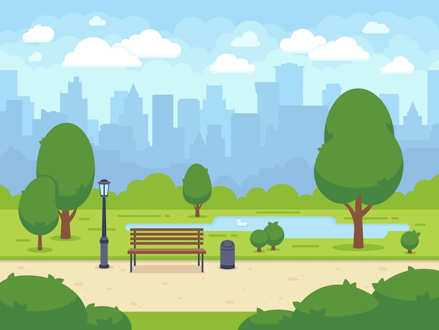 Vector city summer park with green trees bench, walkway and lantern. town and city park landscape nature. cartoon vector illustration
