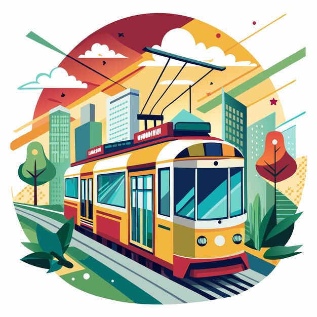 Vector city tram on tracks in a colorful urban landscape