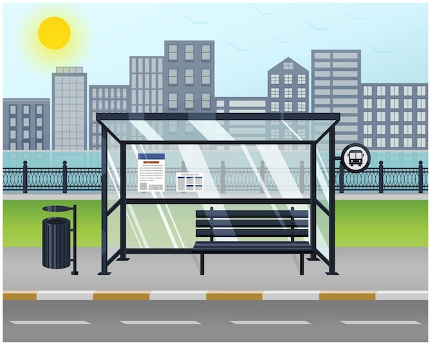 Vector cityscape bus stop illustration, public transport bus station with city and river background