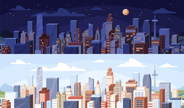 Vector cityscape at day and night time city panoramic view with roofs of skyscrapers buildings at midday and midnight colored flat vector illustration of daytime and nighttime in modern downtown