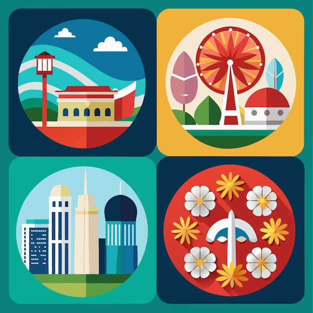 Vector cityscape illustration with buildings ferris wheel and flowers