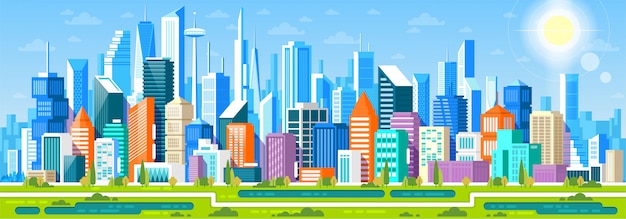 Vector cityscape panorama with different buildings, office center, stor