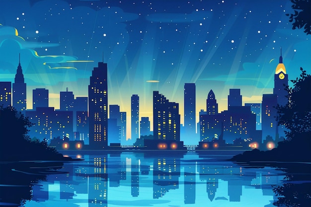 Vector cityscape at twilight silhouettes