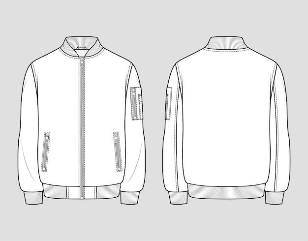 Classic bomber jacket. Men's casual clothing. Vector technical sketch. Mockup template.