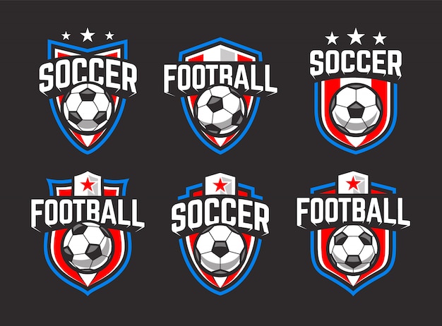 Classic soccer emblems. Blue, red and white colours on black background.  Vector football retro emblems set.