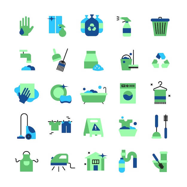  Cleaning flat color icons set of household items with vacuum cleaner iron bucket rubber gloves mop brush and broom isolated vector illustration
