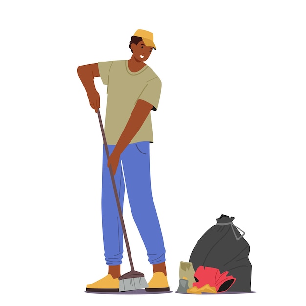 Cleaning Service Activity Concept Janitor Male Character Street Cleaner Holding Broom Sweep Lawn from Trash and Garbage