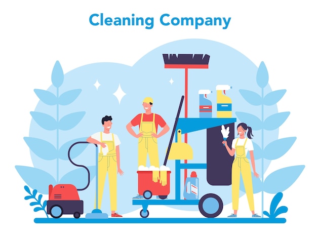 Cleaning service or company. Woman and man doing housework. Professional occupation. Janitor washing floor and furniture. 