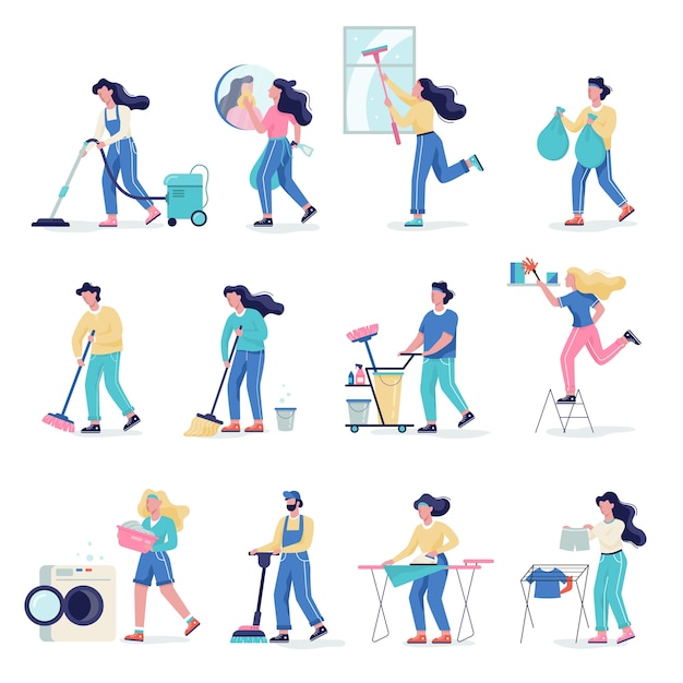 Cleaning service set. Collection of woman and man doing housework. Professional occupation. Janitor washing floor.   illustration in cartoon style