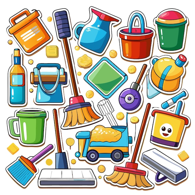 Vector cleaning supplies illustration with colorful cartoon stickers