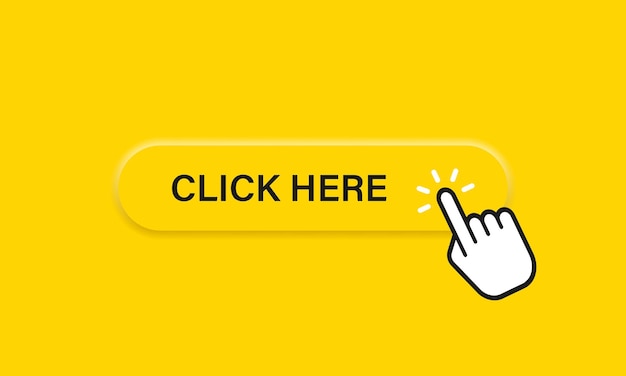 Click here button with hand pointer clicking on yellow background in trendy neumorphism style