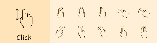 Clicks set icon Press double touch 3D touch zoom out zoom in swipe shift rotate scroll delay load left finger hand palm feed triple tap Gestures concept