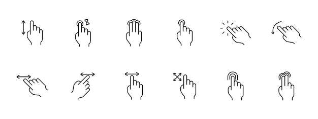 Clicks set icon Press double touch 3D touch zoom out zoom in swipe shift rotate scroll delay load left finger hand palm feed triple tap Gestures concept