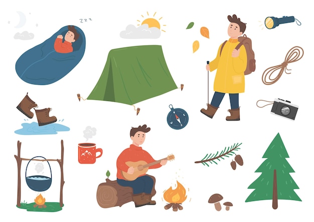 Clipart set of things for hiking camping and travelling