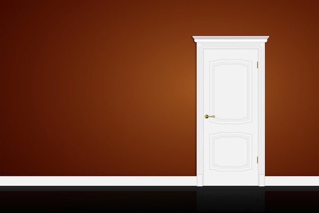 Closed white door on brown wall Vector Front view