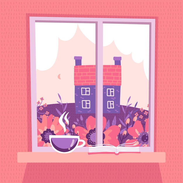 Vector closed window with a spring landscape view. pink sky with clouds, meadow, old counry house. a cup of coffee and an open book lie on the windowsill.