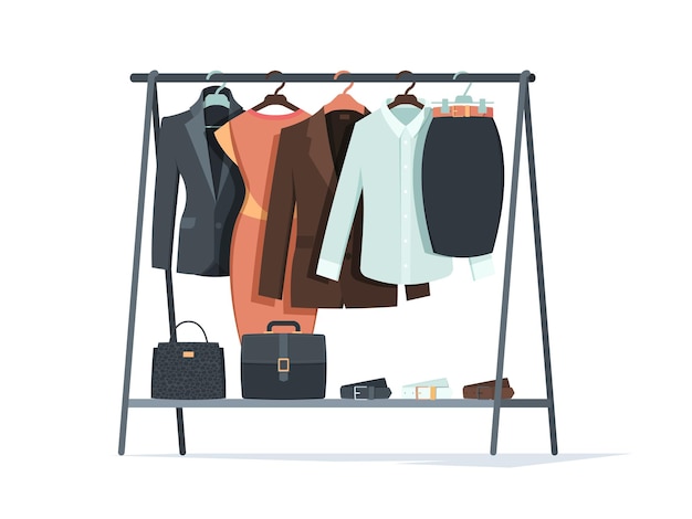 Clothes on hangers Business textile things for male and female persons dresses shirts pants suits hangs in wardrobe garish vector flat collection