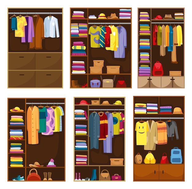 Clothes wardrobe room full of woman clothes Set of furniture with shelves for accessories Boutique interior design concept Flat style vector illustration