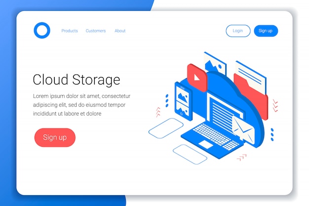 Cloud storage isometric concept. Laptop, smartphone, photo, mails, video and others files backup. Flat 3d style. Landing page template. illustration.