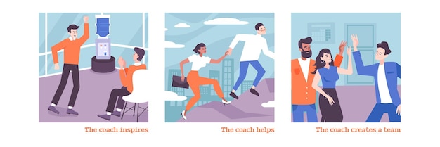 Coaching flat illustrations set with coaches creating team and inspiring people to start business