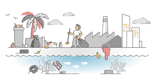 Coastal pollution problem as beach water waste contamination outline concept. Ecological garbage danger near ocean urban environment vector illustration. Plastic litter as toxic sea marine hazard.