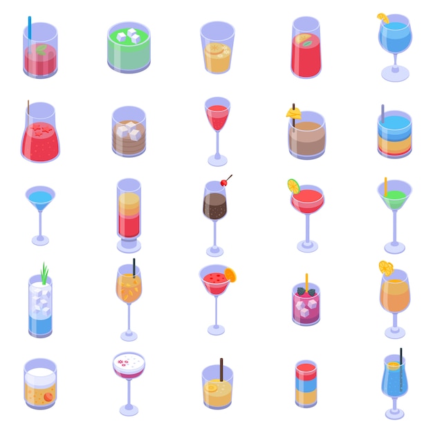 Cocktail icons set, isometric style