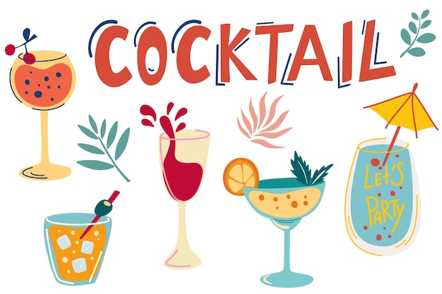 Cocktailset. Hand getekende exotische koude alcoholische drank. Zomervakantie en strandfeest. Populaire cocktails voor ontwerpmenu, posters, brochures voor café, bar. Cartoon vectorillustratie.