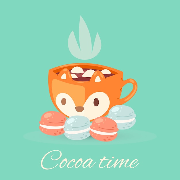 Cocoa time lettering  illustration,   cosy mug with tasty delicious cocoa drink beverage, cute cup of hot aroma chocolate