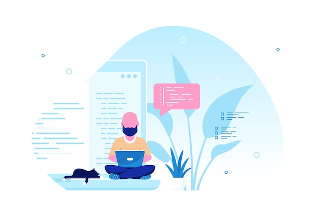 Coding, programming, application development concept. Caucasian Man Programmer sitting on the big laptop and working. Flat style banner design