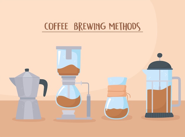 Coffee brewing methods different style with moka pot french press drip and filter illustration