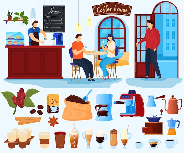 Vector coffee house vector illustration set, cartoon flat coffee lover character drinking, barista makes hot fresh beverage menu