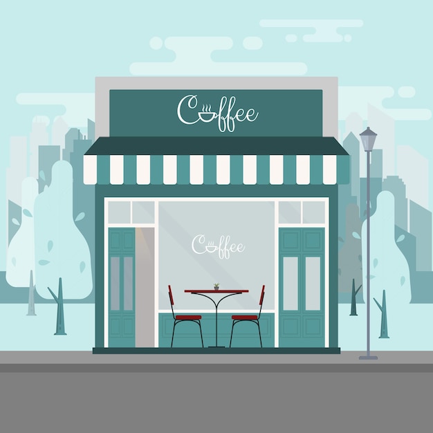 Coffee Shop Facade with Red Chair with Tosca Color Background Silhouette Flat Design Illustration