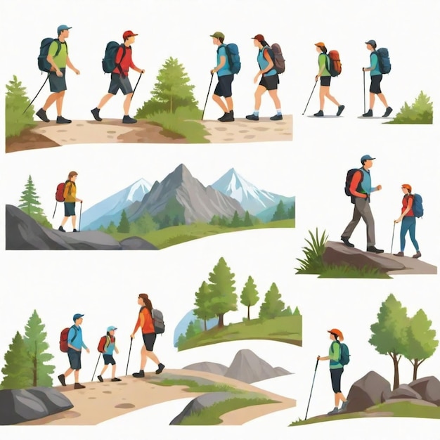 Vector a collage of images of people hiking and hiking