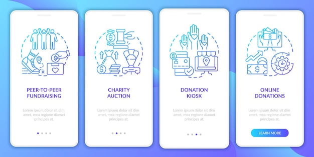 Collecting money event ideas onboarding mobile app page screen. Online donations walkthrough 4 steps graphic instructions with concepts. UI, UX, GUI vector template with linear color illustrations