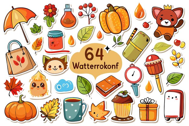 Vector a collection of 64 cute cartoon stickers with autumn themes including pumpkins leaves tea cats and more