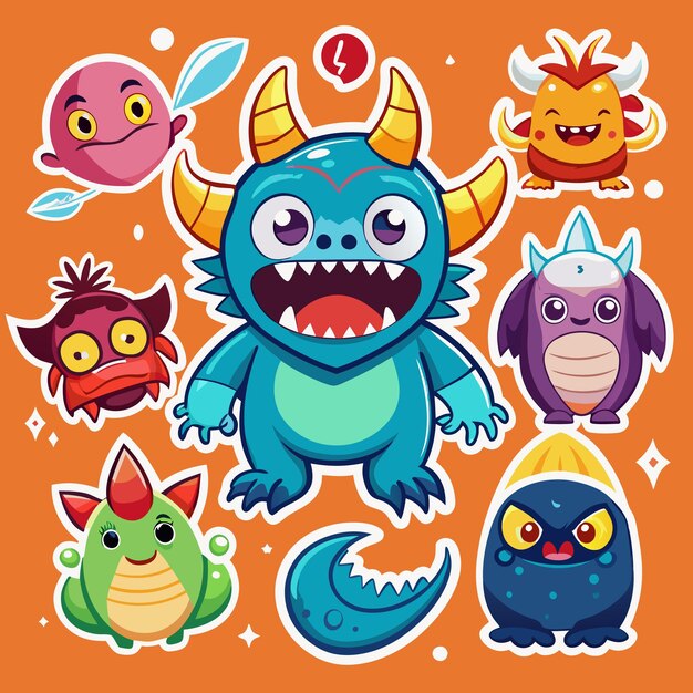 Vector collection of adorable cartoon monsters with different expressions and colors on an orange background