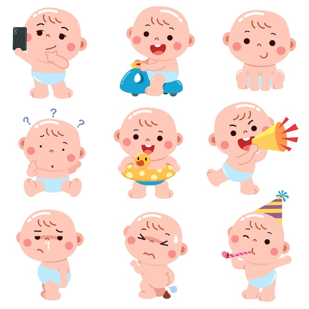 Vector a collection of baby faces with different expressions and a pacifier