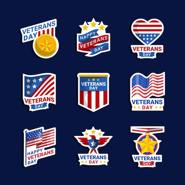 a collection of badges including one of the veterans day