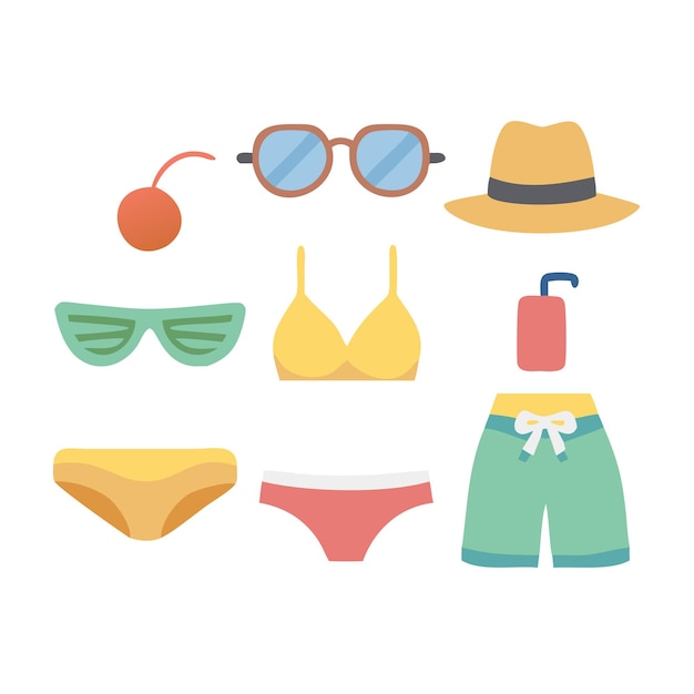 Vector a collection of bikinis including a hat sunglasses and a hat