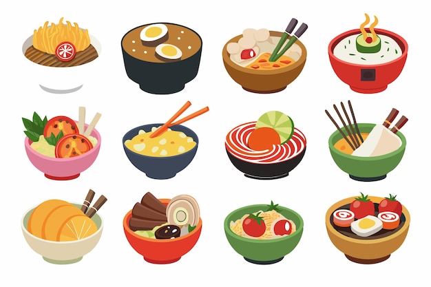 Vector a collection of bowls of food including sushi sushi and sushi