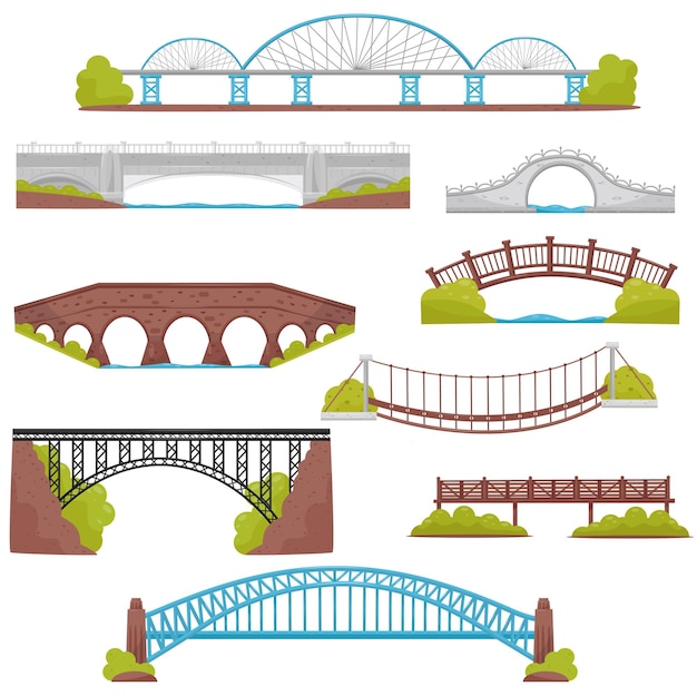 Collection of brick iron wooden and stone bridges Landscape elements Architecture and city construction theme Cartoon style illustrations Colorful flat vector design isolated on white background