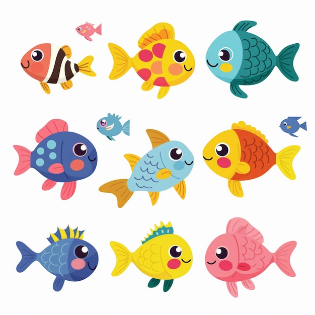 Vector a collection of cartoon fish with different colors and shapes