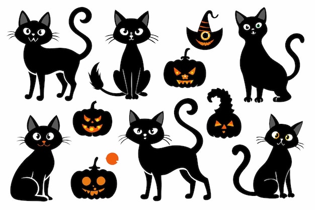 Vector a collection of cats and pumpkins for halloween