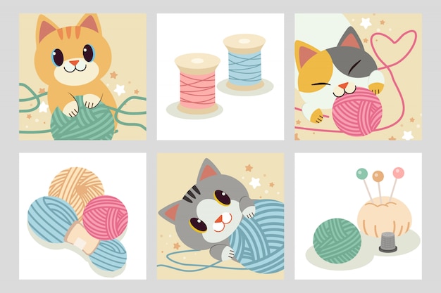 Vector collection of character of cute cat playing with a yarn.