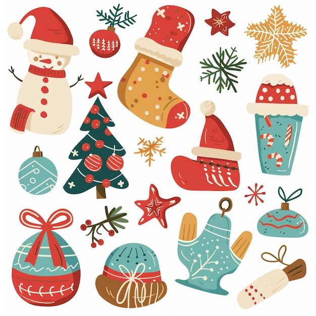 Vector a collection of christmas decorations including santa snowman and christmas tree