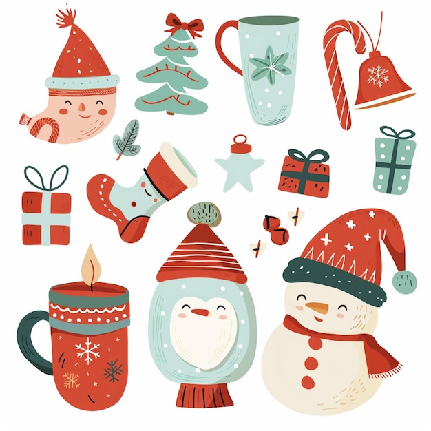 Vector a collection of christmas items including santa santa snowman and christmas tree